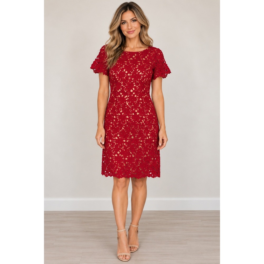 Talbots Petites Red Floral Lace Sheath Dress 10P Short Sleeve Cocktail Holiday